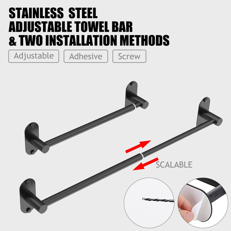 Towel Bar, Adjustable 14.4inch - 25.2inch Towel Rack, Self Adhesive Wall Mounted for Bathroom Kitchen Hand Towel Holder Cloths Hanger 304 Stainless Steel Organizer Single Bar (1, Matte Black) Standard Length–black 1