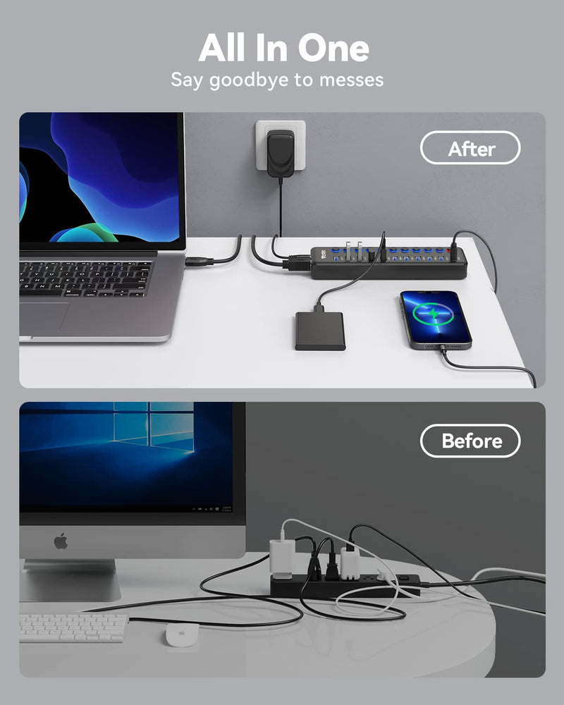 [Australia - AusPower] - Powered USB Hub, Wenter 11-Port USB Splitter Hub (10 Faster Data Transfer Ports+ 1 Smart Charging Port) with Individual LED On/Off Switches, USB Hub 3.0 Powered with Power Adapter for Mac, PC 10 USB 3.0 ports + 1 Charging port 