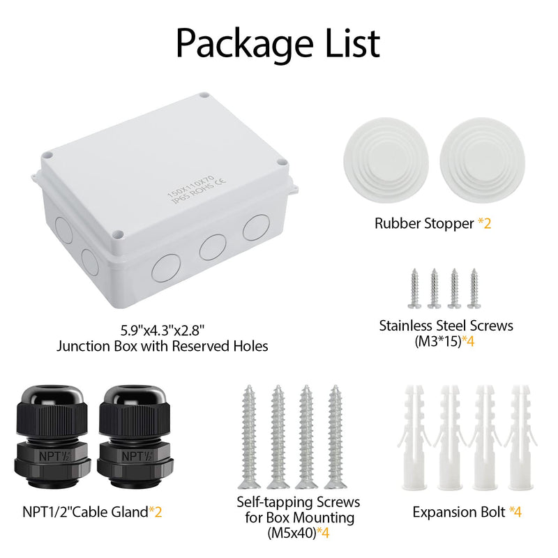 [Australia - AusPower] - LeMotech Junction Box with Reserved Holes ABS Plastic Electrical Box IP65 Waterproof Dustproof Project Enclosure for Electronics White 5.9 x 4.3 x 2.8 inch 5.9"x 4.3"x 2.8" 