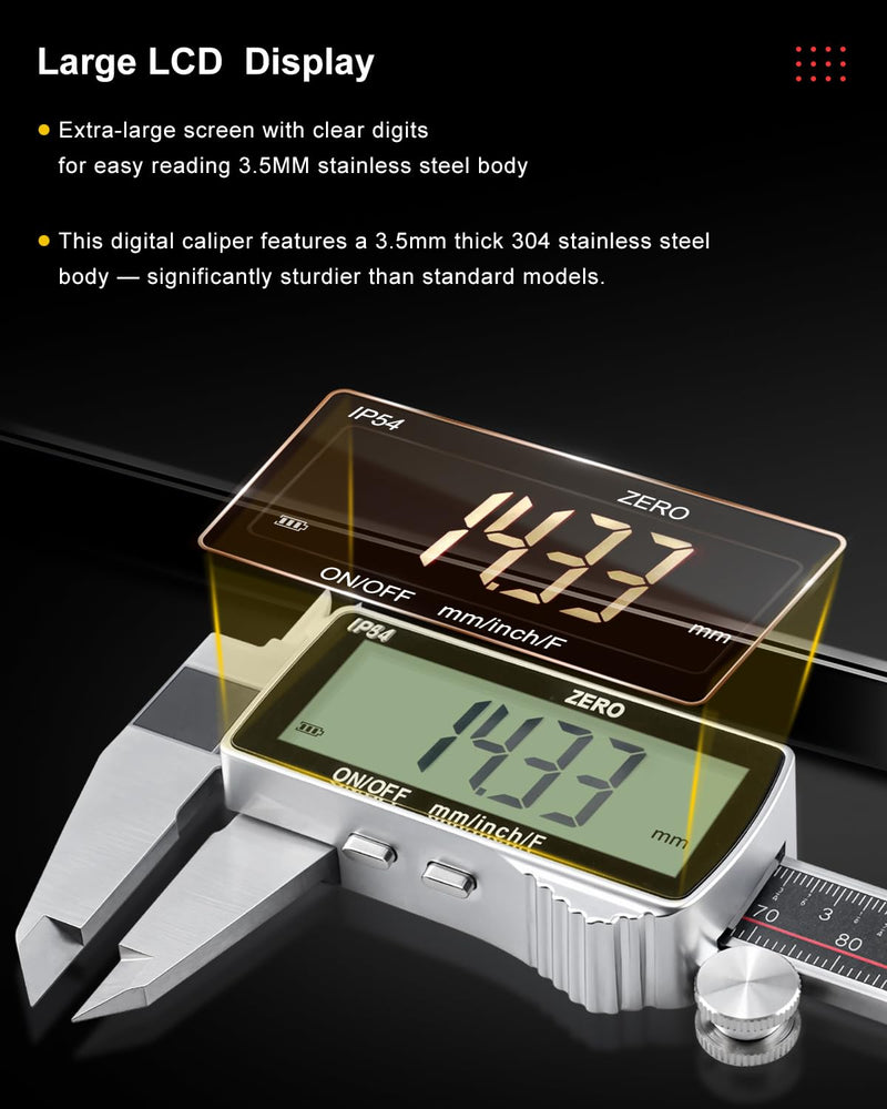 [Australia - AusPower] - GODESON Digital Caliper, Rechargeable Digital Micrometer-IP54 Waterproof, Stainless Steel & Large LCD Screen Caliper Measuring Tool-Inch/Metric/Fraction,6" Calipers-Auto Off for Pros & DIYers 