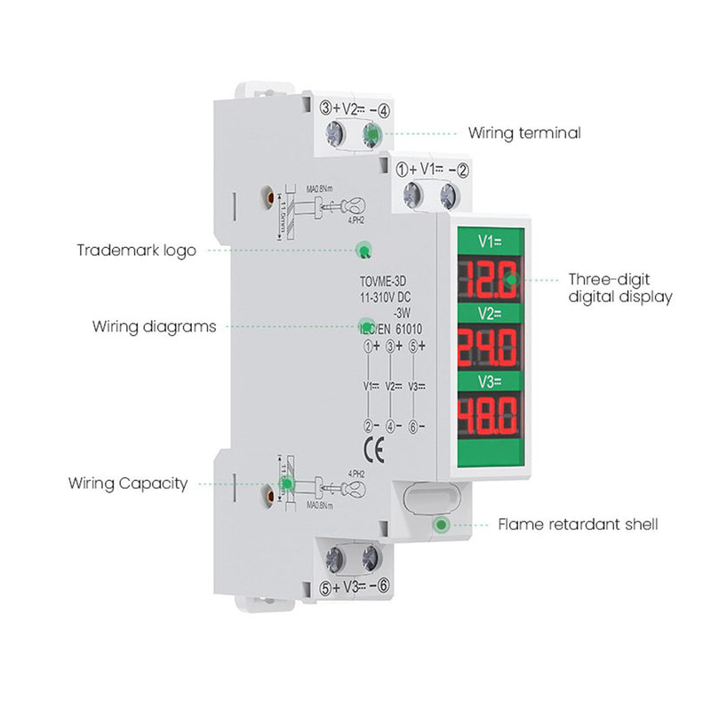 [Australia - AusPower] - DIN Rail Voltmeter LCD Digital Display Isolated Triple Way Modular Voltage Meter DC 11 to 310V Easy to Inllustion 