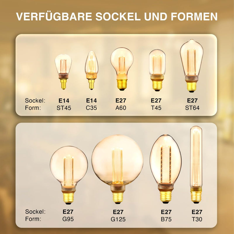 Greenandco® Vintage Design LED Bulb for Mood Lighting, E27 A60 Edison Light Bulb, 2 W 65 lm 1800 K Gold Extra Warm White, 320°, 230 V, Flicker-Free, Not Dimmable 1 pc.