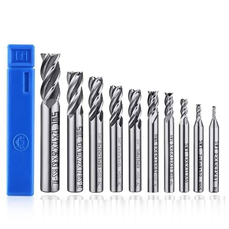 ASNOMY 10pcs 4-Flute End Mill Set, Metric CNC Milling Cutter Drill Bits Router Bits Cutter Tool Set for Wood Aluminum Steel Titanium, Straight Shank 2-12mm 10Pcs 2-12mm