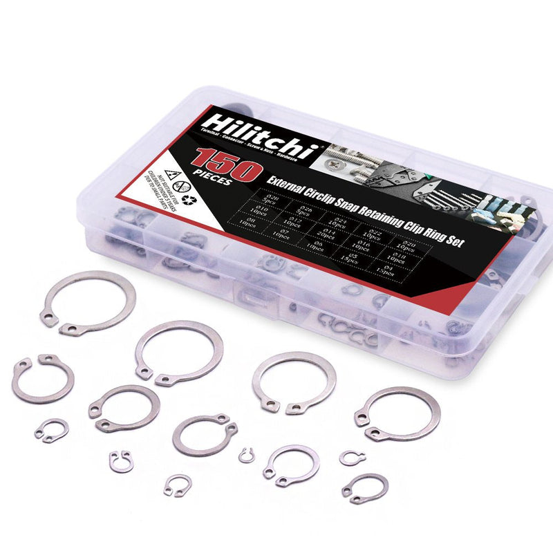 [Australia - AusPower] - Hilitchi 150-Pcs 304 Stainless Steel External Circlip Snap Retaining Clip Ring Assortment Set - Size: 4mm to 28mm Silver 