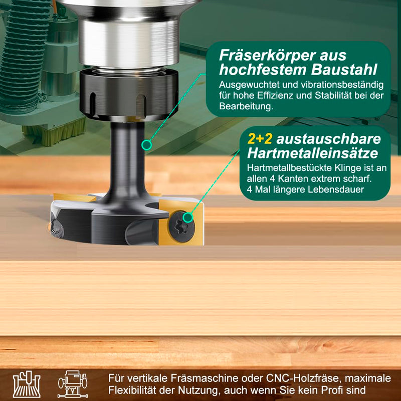 [Australia - AusPower] - BALUGAEA 8mm Shank Face Router Bit - 38.1mm Cutting Diameter - Fitted with 4 Interchangeable TiN Coated Carbide Blades 12x12mm 4Z S=8mm D=38,1mm L=60mm black 