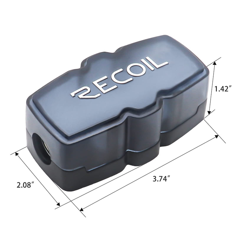 [Australia - AusPower] - Recoil MFH12 2 Way Mini-ANL Fused Distribution Block, 1 X 0/2/4 Gauge in / 2 X 4/8 Gauge Out Fused Distribution Block with 60A, 80A, 100A Fuses, Solid Brass for Maximum Power Transfer 2-Way Fuse Block, 1 Input & 2 Outputs 