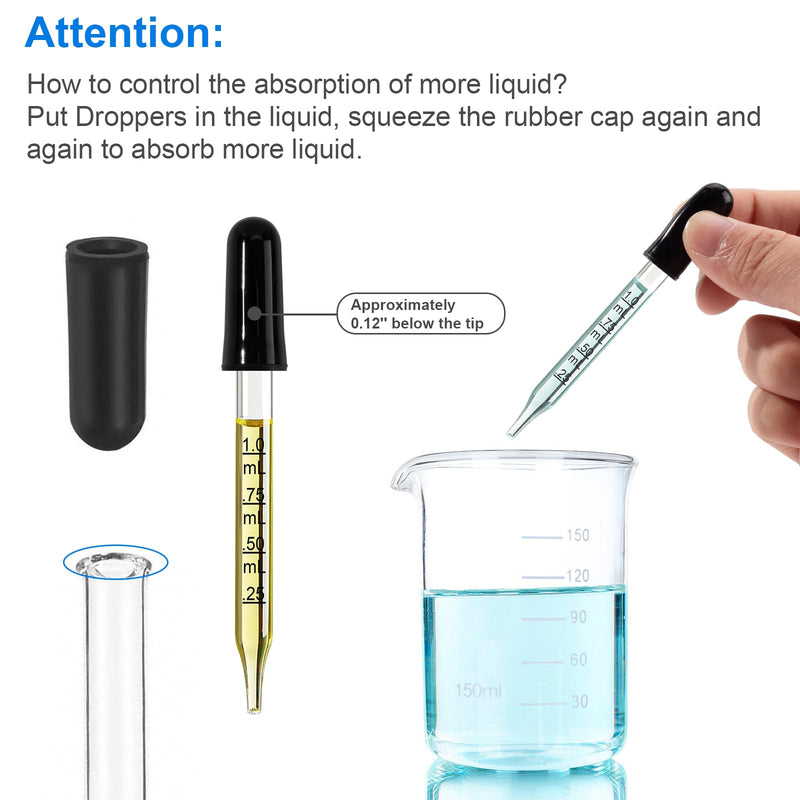 [Australia - AusPower] - 10Pcs Eye Dropper with Durable Rubber Head, 1ml Glass Dropper, Liquid Droppers for Oils, Eye Droppers for Medicine, Precise Pipette Droppers for Crafts, Essential Oil, Food 