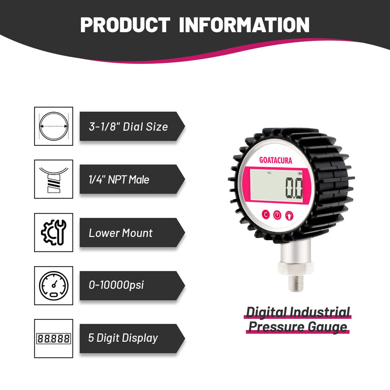 [Australia - AusPower] - 0-10000psi Digital Industrial Pressure Gauge, 3-1/8" Dial Size, 1/4" NPT Lower Mount, 5 Digit Display, Stainless Steel Case and Connection, 0.25% High Accuracy, with Protective Sleeve 0-10000psi 