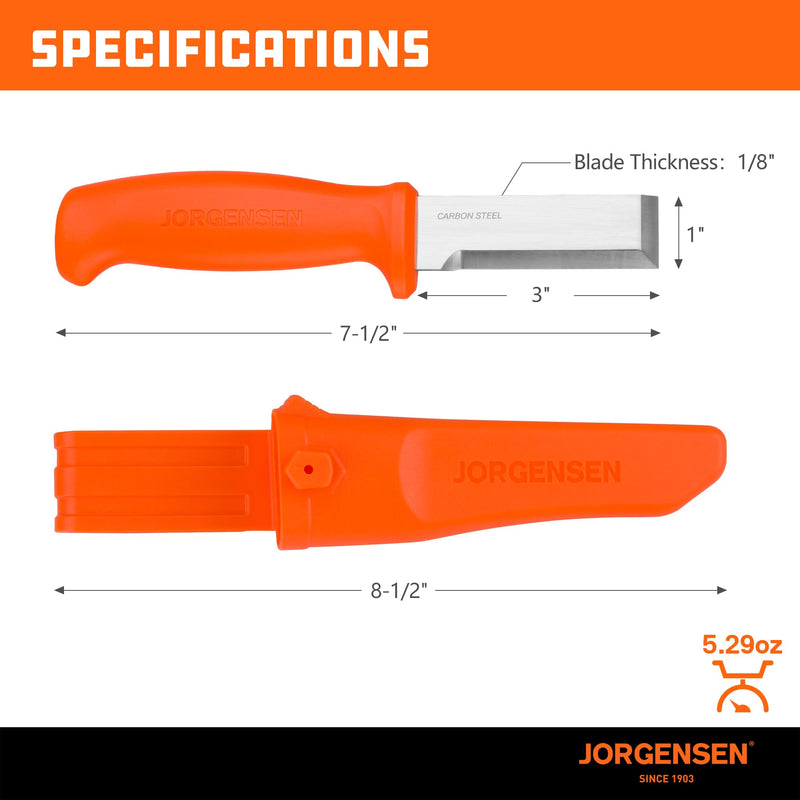 [Australia - AusPower] - Jorgensen Wood Chisel Knife with Sheath, Wood Chisel for Woodworking with Ergonomic Handle, SK5 Carbon Steel Blade, Full Tang Design, for Carving, Whittling, Splitting 