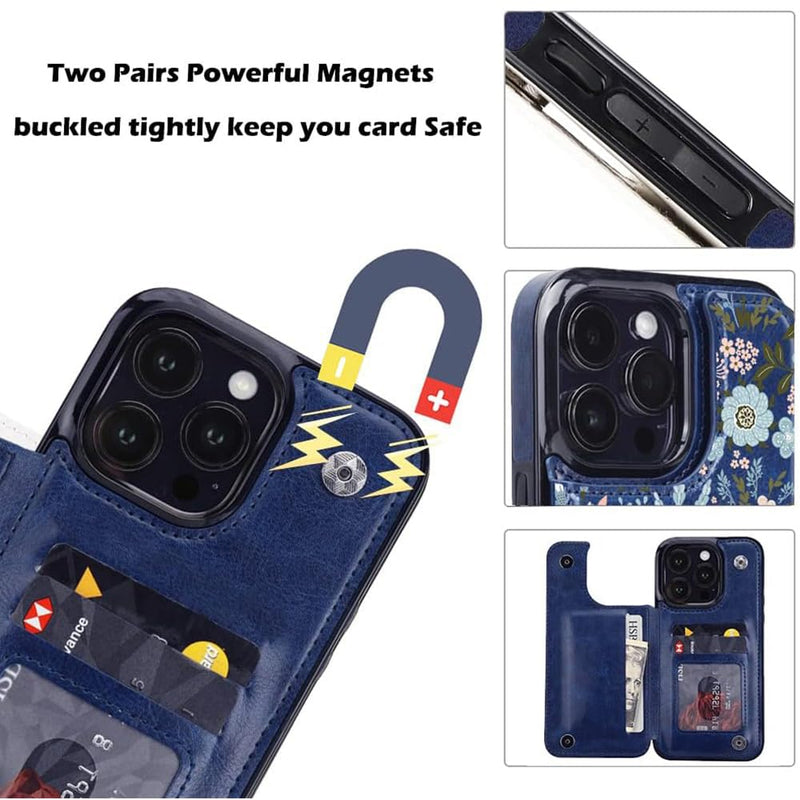 [Australia - AusPower] - uCOLOR Compatible with iPhone 15 Pro 6.1" Wallet Case with Card Holder Slot Folio Flip PU Leather Kickstand Double Magnetic Clasp and RFID Blocking Design Cover 6.1 Inch (Navy Blue Flowers) Navy Blue Flowers iPhone 15 Pro 6.1" 