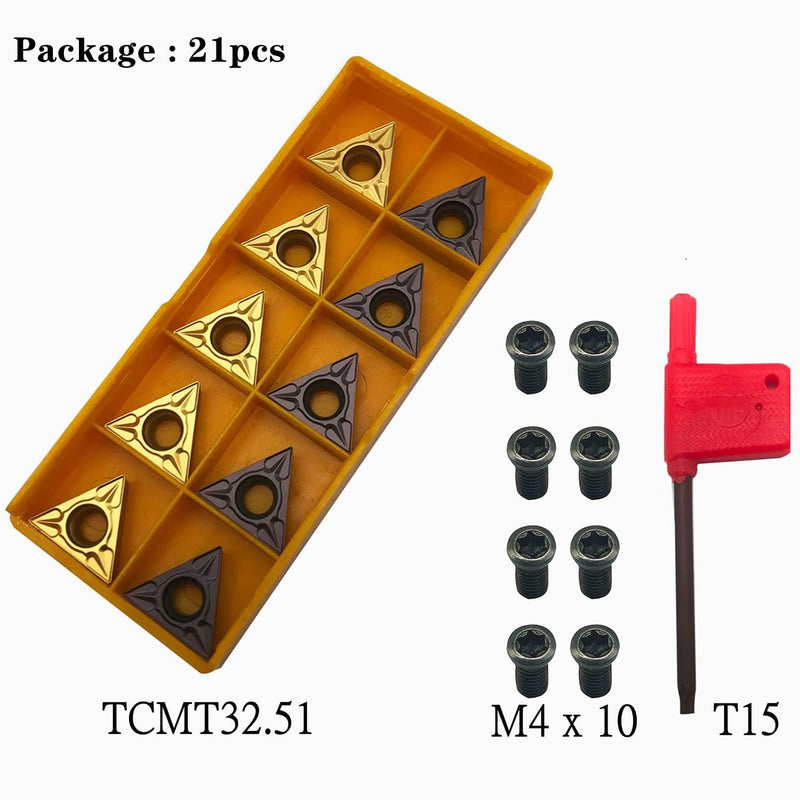 TCMT16T304 Carbide Indexable Inserts with M4x10 Screws/T15 Tool | 21 pieces with TCMT32.51 plates suitable for turning and milling on lathes including alloy steel hex screws 10psc TCMT16T304+10pcs screws