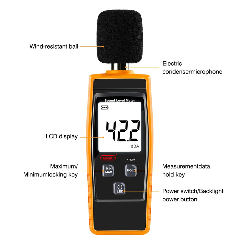 [Australia - AusPower] - XinJiaYi Decibel Meter, Portable dB Meter (Sound Level Meter), Digital Noise Meter, Range 30-130 dB(A) dB Meter, Noise Level Sound Monitor Tester, Yellow 