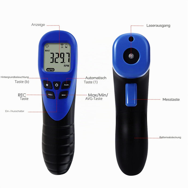 Digital Non-Contact Photo Tachometer, Laser Tachometer with Data Recording Function, Reflective Tapes, Measuring Range: 2.5-99999 RPM