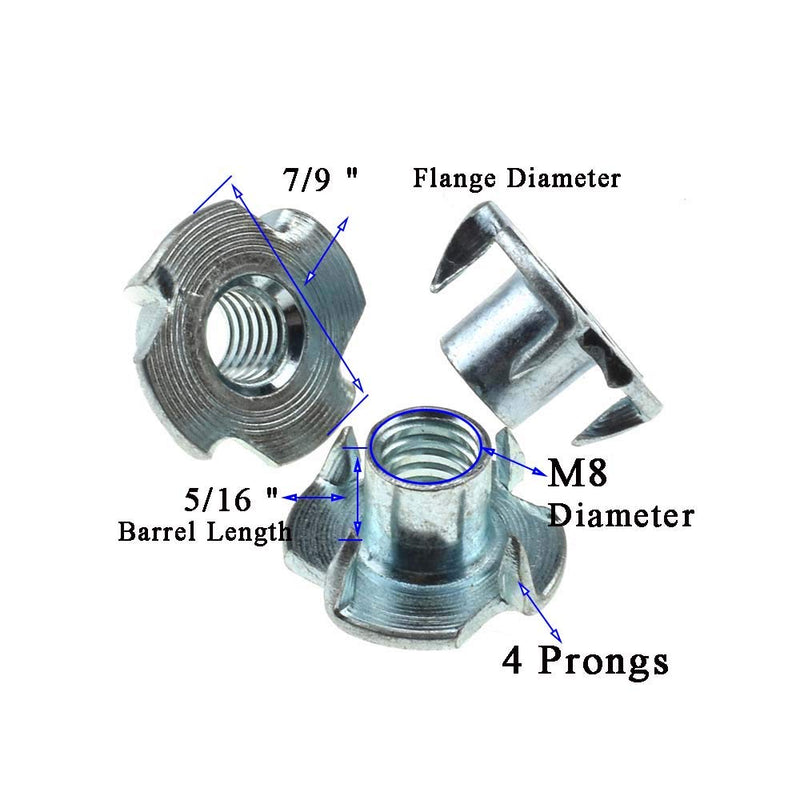 [Australia - AusPower] - M8 X 10mm T Nut 4 Prong Tee Blind Nuts Threaded Insert Clean Threads No Rust Carbon Steel Zinc Plated for Wood Rock Climbing Wall Holds Plywood Furniture Particle Board CNC Router 30 Pack M8-10(30Pack) 