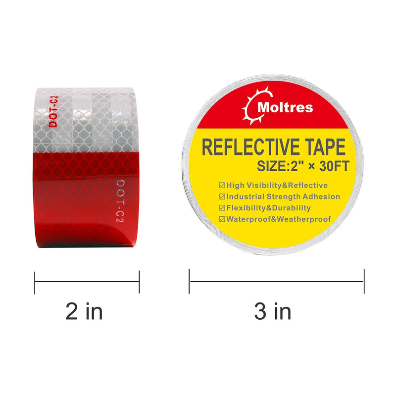 DOT-C2 Reflective Tape,Red White 2Inch X 30Feet Waterproof Conspicuity Safety Tape,Trailers Caution Warning Adhesive Reflector Tape for Cars Trailer Trucks Vehicles Outdoor