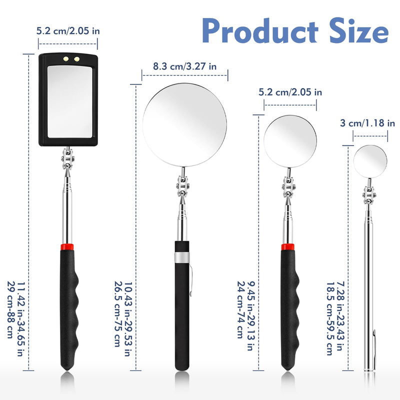 [Australia - AusPower] - 4 Pcs Telescoping Mirrors, LED Lighted Inspection Mirror Telescoping, 360 Rotation Mechanic Mirror Extendable, Flexible Telescopic Mirrors Tool for Checking Vehicle Observing Small Parts 