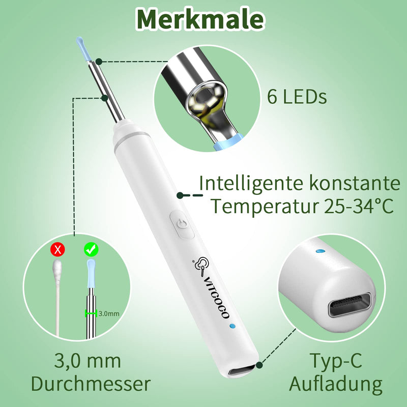 Earwax Remover Otoscope, VITCOCO 1920P Ear Cleaner Camera, IP67 Waterproof Ear Camera with 6 LEDs, 3.0 mm Diameter WiFi Ear Cleaner, for iPhone, iPad and Android Smartphones, White