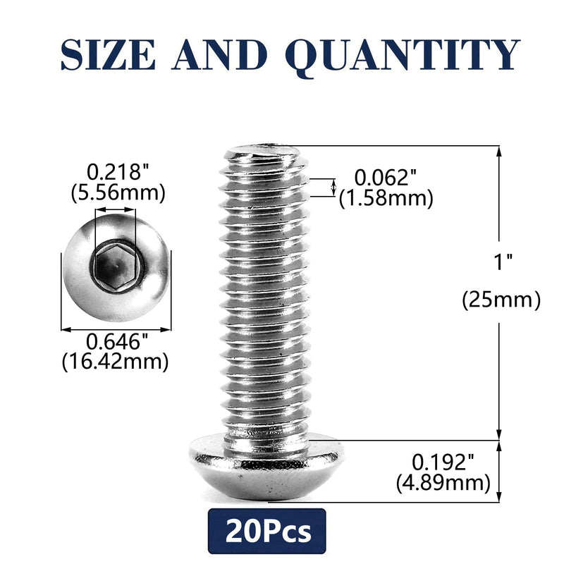 [Australia - AusPower] - 3/8-16 x 1" Button Head Socket Cap Bolts Screws, 20Pcs 304 Stainless Steel 18-8, Allen Hex Drive, Bright Finish by SG TZH(with Hex Spanner) 20 3/8-16 x 1" 