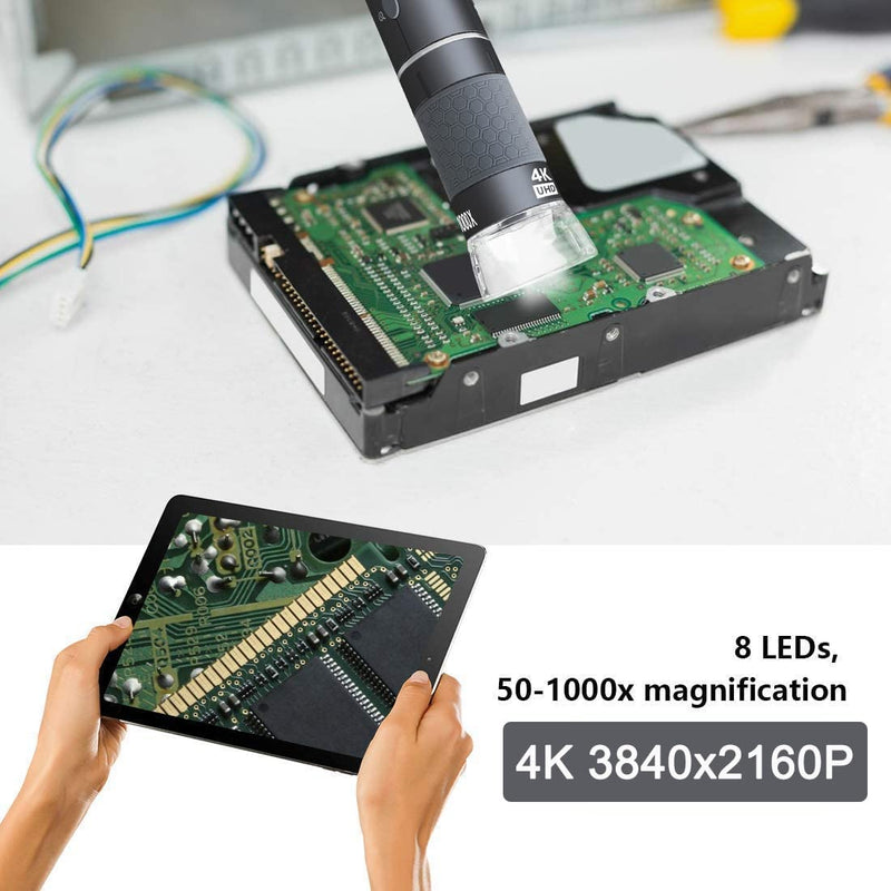 [Australia - AusPower] - WiFi USB Digital Handheld Microscope, 50 to 1000x Wireless Magnification Endoscope 4K 3840x2160P Camera 8 LEDs with Metal Stand for iPhone iPad Android Mac Windows Linux Chrome Grey 