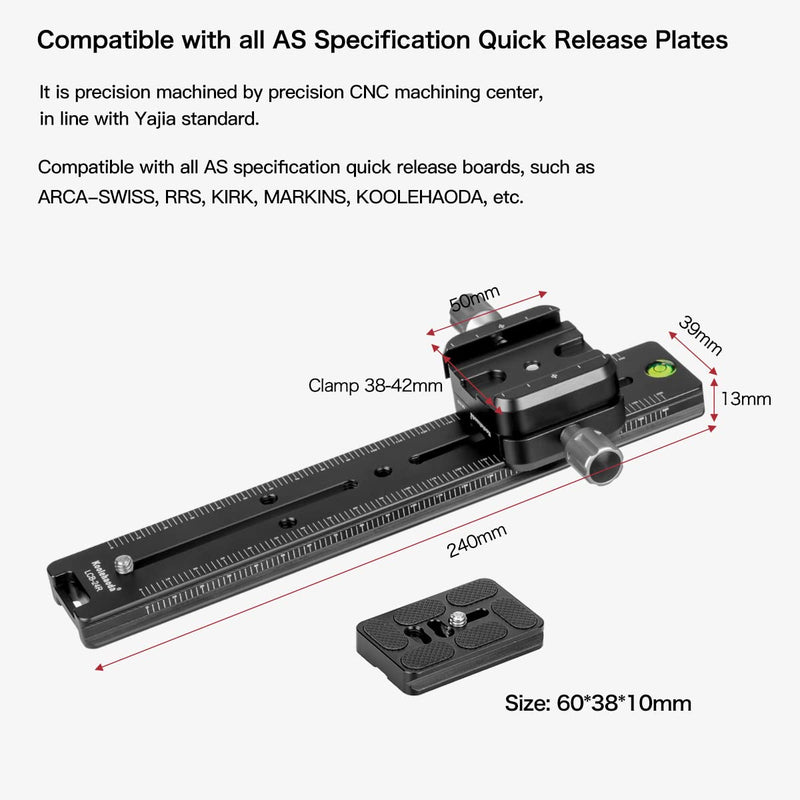 [Australia - AusPower] - Koolehaoda 240mm Rail Nodal Slide Quick Release Plate Clamp Camera Tripod Bracket Mount Compatible with Arca Swiss, Angle Adjustable for Camera Tripod Ball Head (LCB-24R) LCB-24 