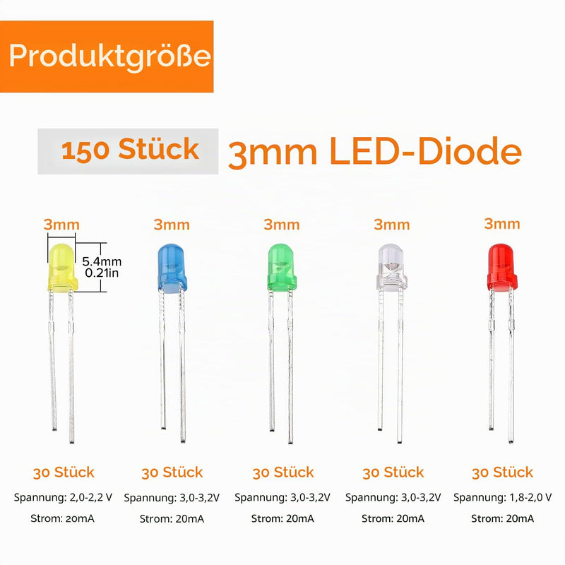 150 pieces 3 mm LED diodes, 2-pin light-emitting diode, round head LED diode, white/green/red/blue/yellow 3mm