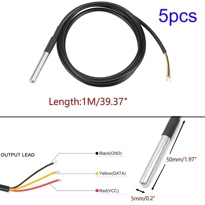 [Australia - AusPower] - VISSQH Pack of 5 Digital Temperature Sensors, Stainless Steel Temperature Sensor, Waterproof Temperature Sensor, Temperature Sensor Cable for Temperature Monitoring 