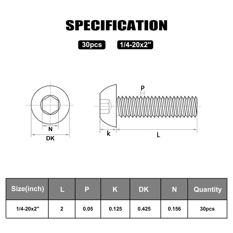 [Australia - AusPower] - 30Pcs 1/4-20 x 2" Button Head Socket Cap Bolts Screws, 304 Stainless Steel 18-8, Allen Hex Drive, Bright Finish, Fully Threaded, Hex Spanner Included (VG30310) 2"(30pcs) 1/4-20 Silver 