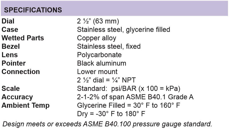 [Australia - AusPower] - PIC Gauge S201L-254R 0-5000 PSI Pressure Gauge, 2 1/2" Dial, 1/4" Male NPT Connection, Bottom Mount, Single Scale, Glycerin Filled, Stainless Steel Case/Bezel, Brass Internals & Plastic Lens 0 - 5,000 PSI 