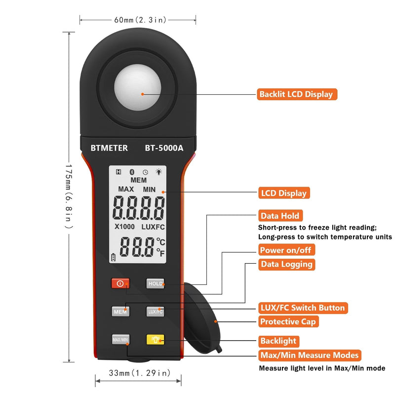 BTMETER Light Lux Meter Logger BT-5000A, Digital Lumen Tester Measure Lighting Level Intensity 0.1~400,000 Lux(0.1~40,000 FC) Foot Candle Luxometer with Data Logging for Plant Grow Aquarium