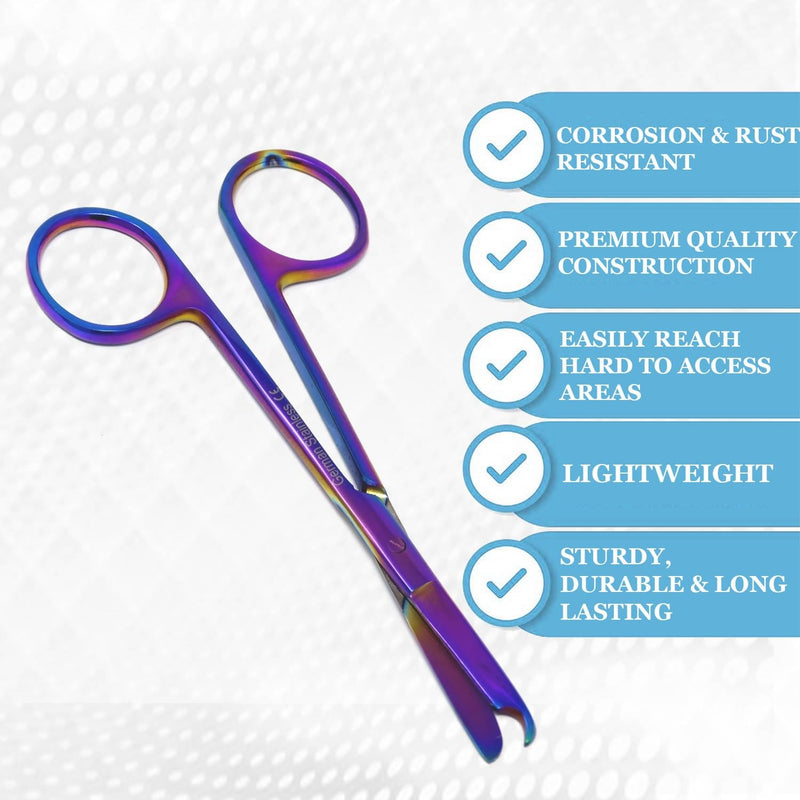 Suture Stitch Scissors with Multi Rainbow Color Titanium Coating- Premium Quality Instrument- Delicate Hook - Stainless Steel - Perfect for Suture Removal, First Aid, EMS Training 4.5"