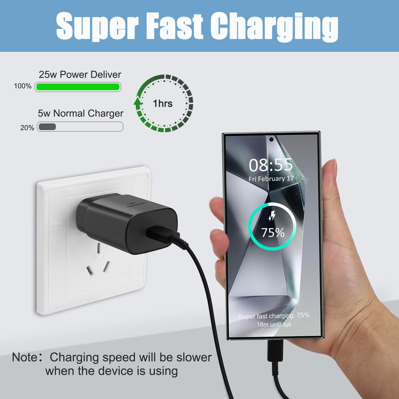 [Australia - AusPower] - S23 S22 S24 Ultra Samsung Fast Charger 25W USB C Android Phone Charger Super Fast Charging Block & 10FT Type C Charger Cable Cord for Samsung Galaxy S24/S23/S22/S21/S20/Plus/Ultra/FE/Note 20/10 Black 