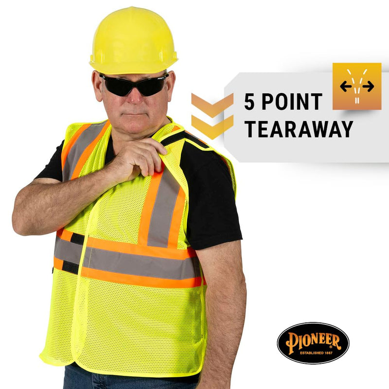 Pioneer Hi Vis Flame Resistant Vest For Men and Women - Self-Extinguishing FR Mesh - Reflective Tape - Class 2 - Hi Vis Yellow Yellow/Green Large-X-Large