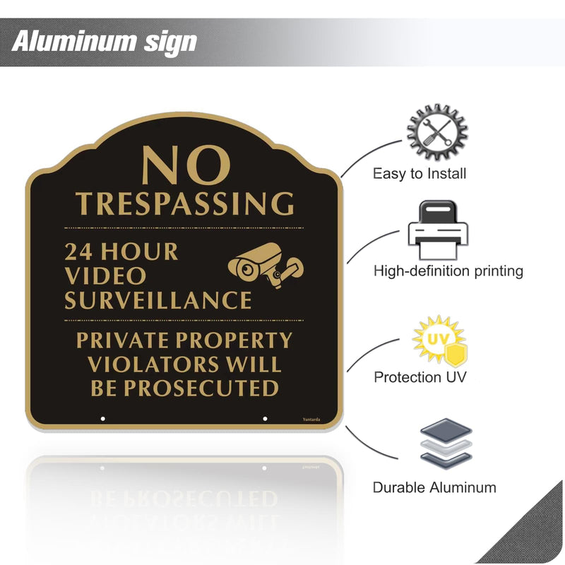 No Trespassing Signs with 12" Stake,Yuntarda 12”x12”(2-Pack) Private Property Video Surveillance Signs Aluminum Metal Sign UV Print Weather Resistant for House or Home Black-Video Surveillance with 12" Stake-2pcs