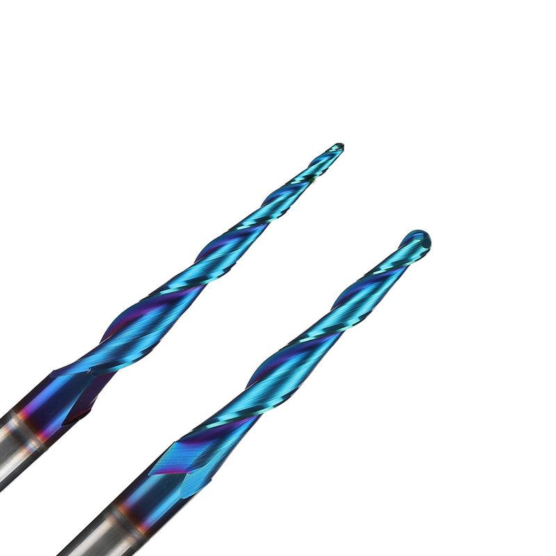 2PCS Spiral CNC Router Bits 1/4" Shank 3" Over Length Tapered Angle Ball Nose with NACO-Blue Coating for 2D&3D Wood Carving Engraving 2 PCS