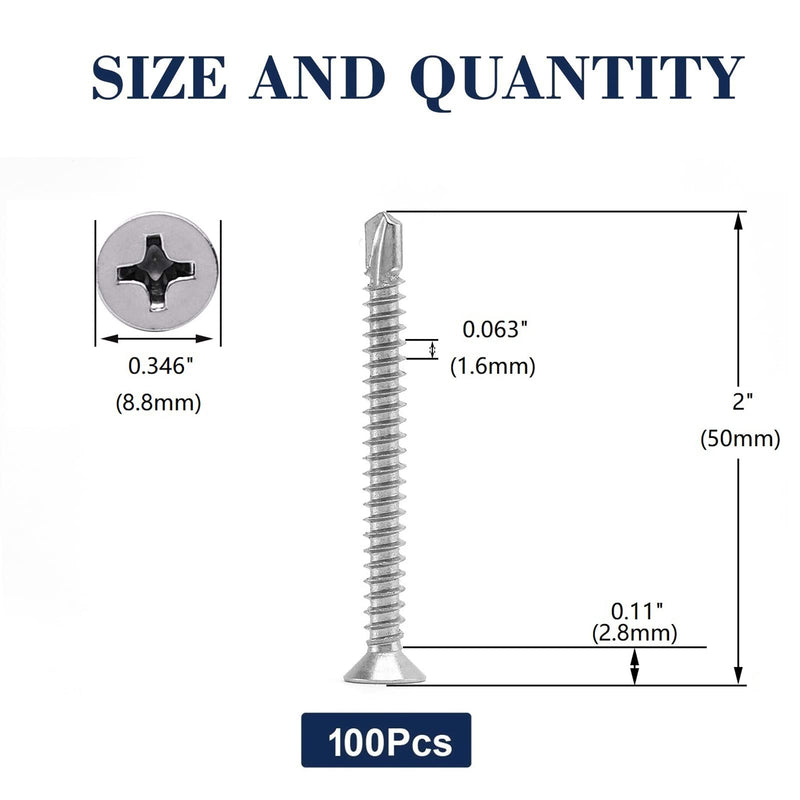 [Australia - AusPower] - #10 x 2" Sheet Metal Screws 100Pcs 410 Stainless Steel Flat Head Tek Screws Fast Self Tapping Screws by SG TZH #10 x 2" 