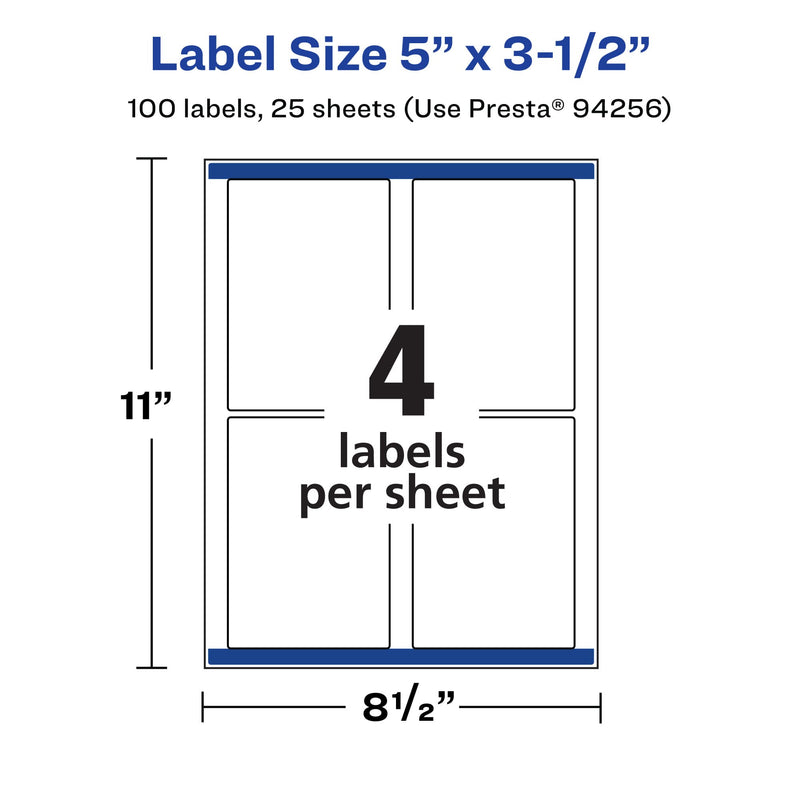 Avery Printable Durable White Rectangle Labels, Sure Feed Technology, 5" x 3.5", Waterproof Labels, Laser & Pigment-Based Inkjet Compatible, 100 Total 100 labels