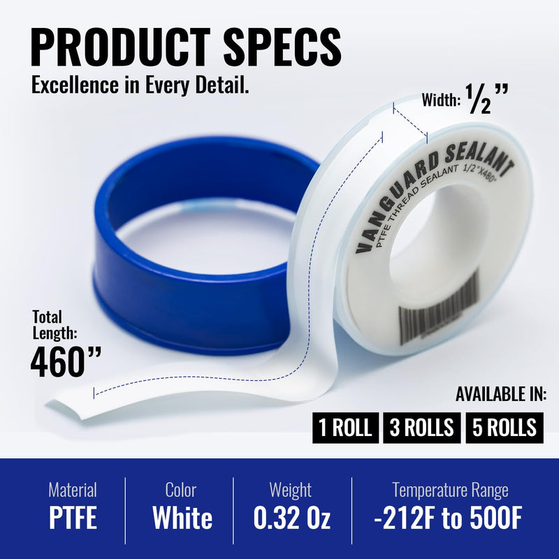 [Australia - AusPower] - PTFE Plumbers Water Sealant Thread Tape 460" Length 1/2" Width White by Vanguard Sealants Perfect for Shower Heads and Pipe Threads 3 