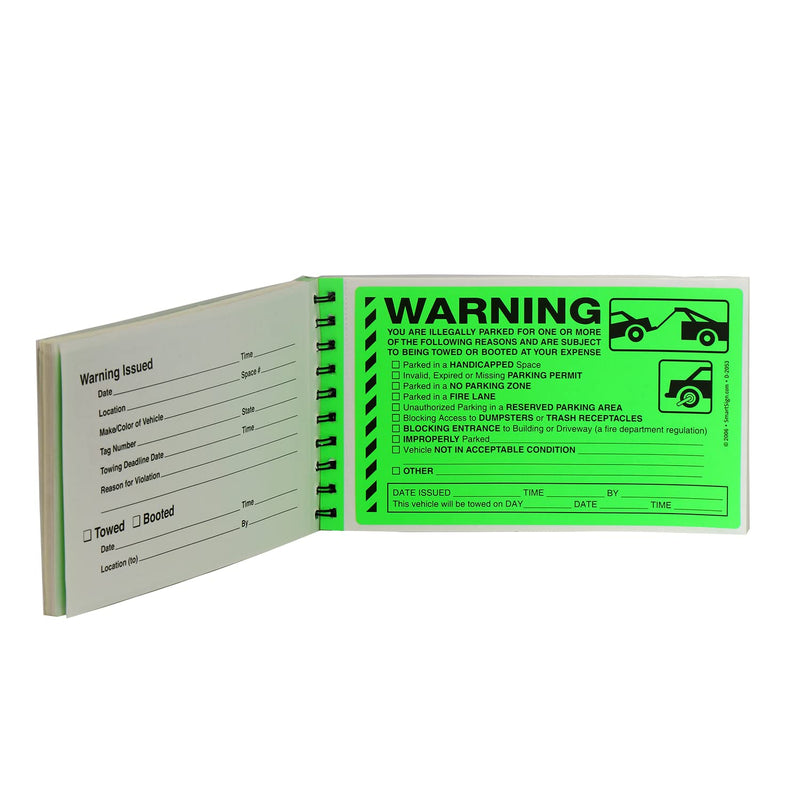 SmartSign Warning You are Illegally Parked Stickers | Book of 50 Labels with Liners, 5 x 8 inch, Tow Warning Parking Violation Sticker, Hard to Remove Write-On Tickets, Fluorescent Green