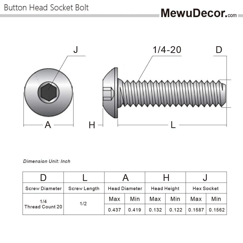 [Australia - AusPower] - 1/4-20 x 1/2" Button Head Socket Cap Screws, 18-8 Stainless Steel (304), Bright Finish, Fully Threaded, Allen Hex Drive, 50 PCS 1/4-20 x 1/2" 