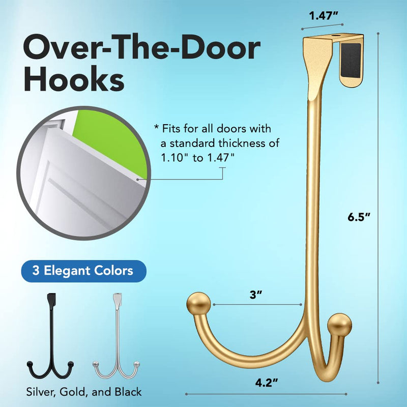[Australia - AusPower] - 2-Pack Over The Door Hooks - with 2 Hang Heads & Snug Fit Pads Heavy Duty Hook for Hanging Coats, Towels, Caps & Robes - Elegant Matt Finish - No Drill Hanger Organizer - Gold 