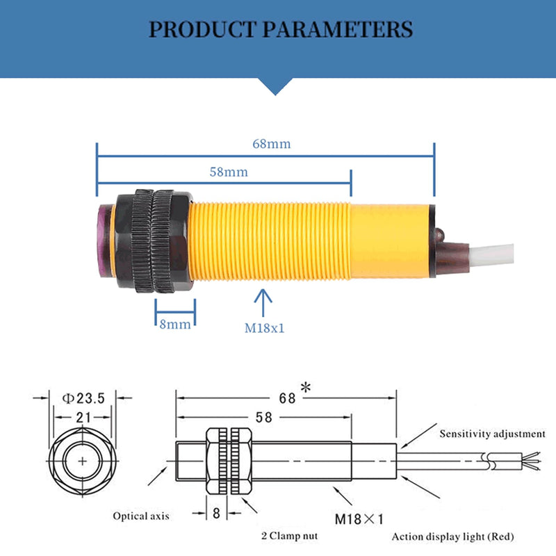 M18 Photoelectric Sensor Switch Proximity Switch, E3F-DS30C4 Diffuse Reflection Sensor Optical,6-36VDC NPN NO Proximity Switch Inductive Distance 300MM