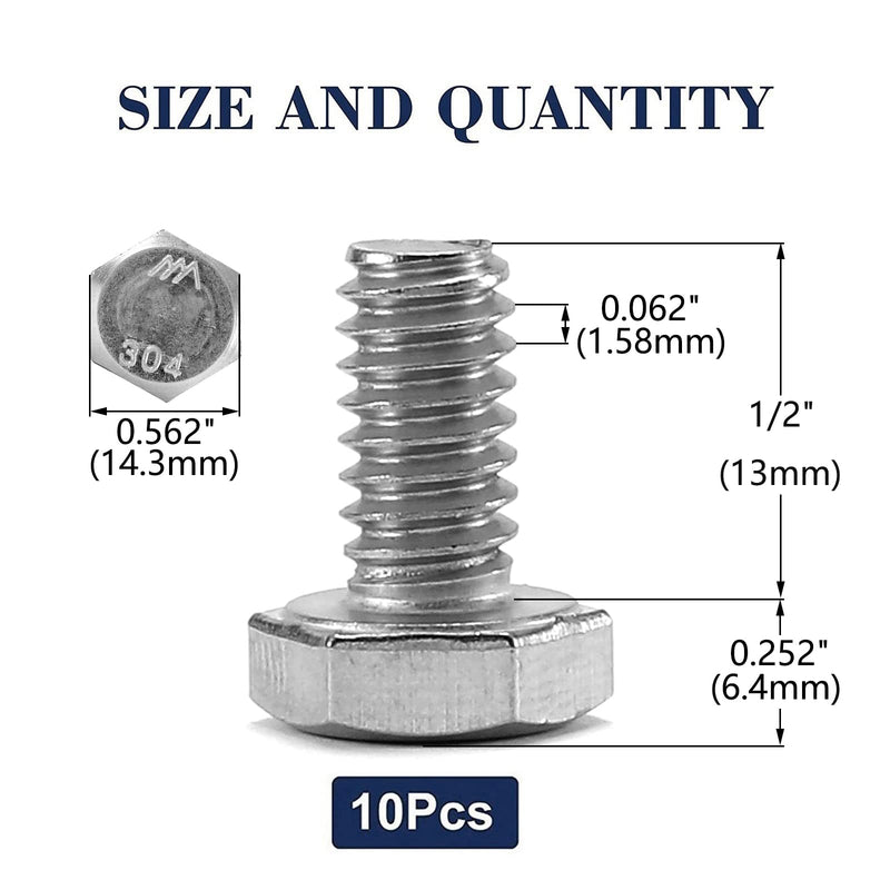 [Australia - AusPower] - 3/8-16 x 1/2" Hex Head Screw Bolt, 10Pcs 18-8 (304) Stainless Steel, Fully Threaded, Plain Finish, by SG TZH 10 3/8-16 x 1/2" 