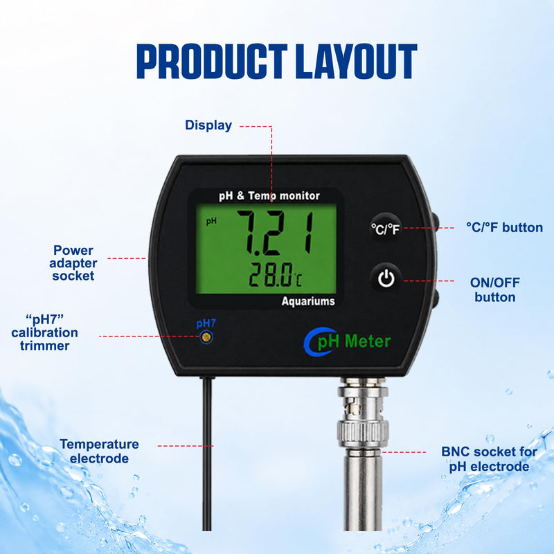 2 in 1 Temperature & pH Meter, High-Precision pH Tester, PH Monitor with Replaceable BNC Probe, 0.00~14.00pH Measurement Range, ATC, Backlit Display and °C/°F for Fish Tank, Hydroponics & Pools 2-in-1 Combo Monitor