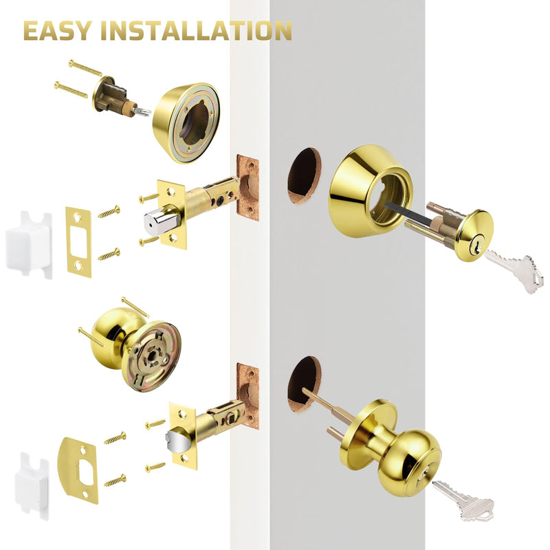 KNOBWELL 1 Pack Keyed Alike Door Knob and Double Cylinder Deadbolt Set, Exterior Door Lock Set, Polished Brass