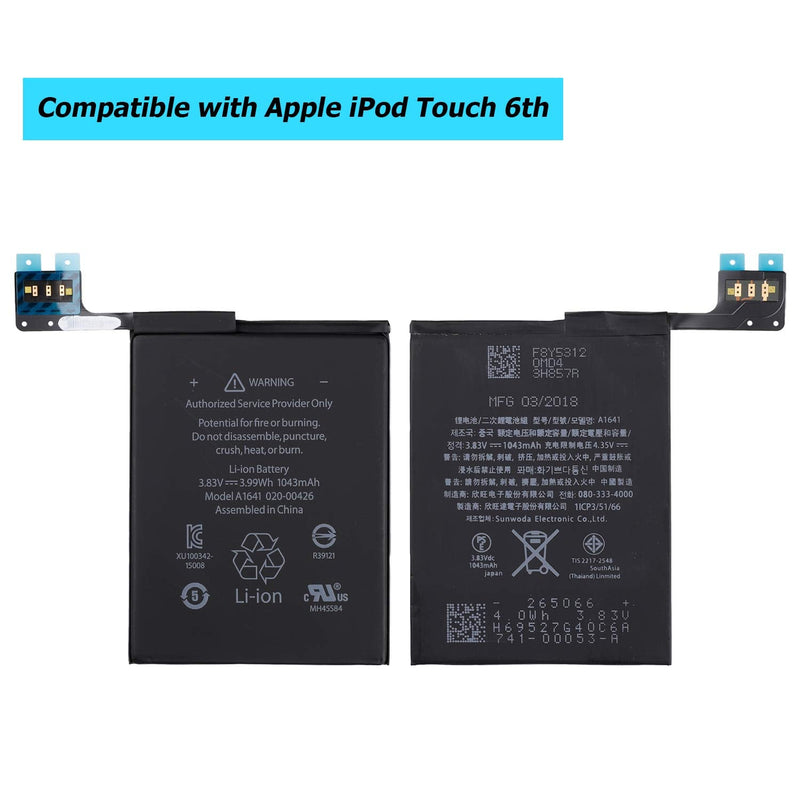 [Australia - AusPower] - Li-ion Battery A1641 Compatible with iPod Touch 6th Gen 16GB 32GB 64GB A1574 iPod 7.1 020-00425 1043mah with Toolkit 