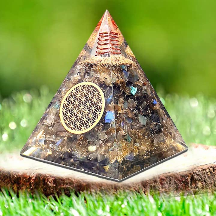 Labradorite Orgone Pyramid Handmade – Orgonite Crystal Pyramid with Copper Coil – Meditation Decor, Spiritual Desk Accent, Chakra Inspired Home & Office Gift Labradorite