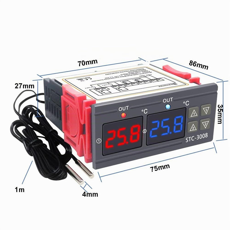 KETOTEK Digital Temperature Controller 230 V with 2 Sensors, STC 3008 Thermostat | 2-in-1 Temperature Switch Heating & Cooling for Greenhouse Incubator & Reptiles, 220V Relay Temperature Controlled Regulator AC 220V Relay output