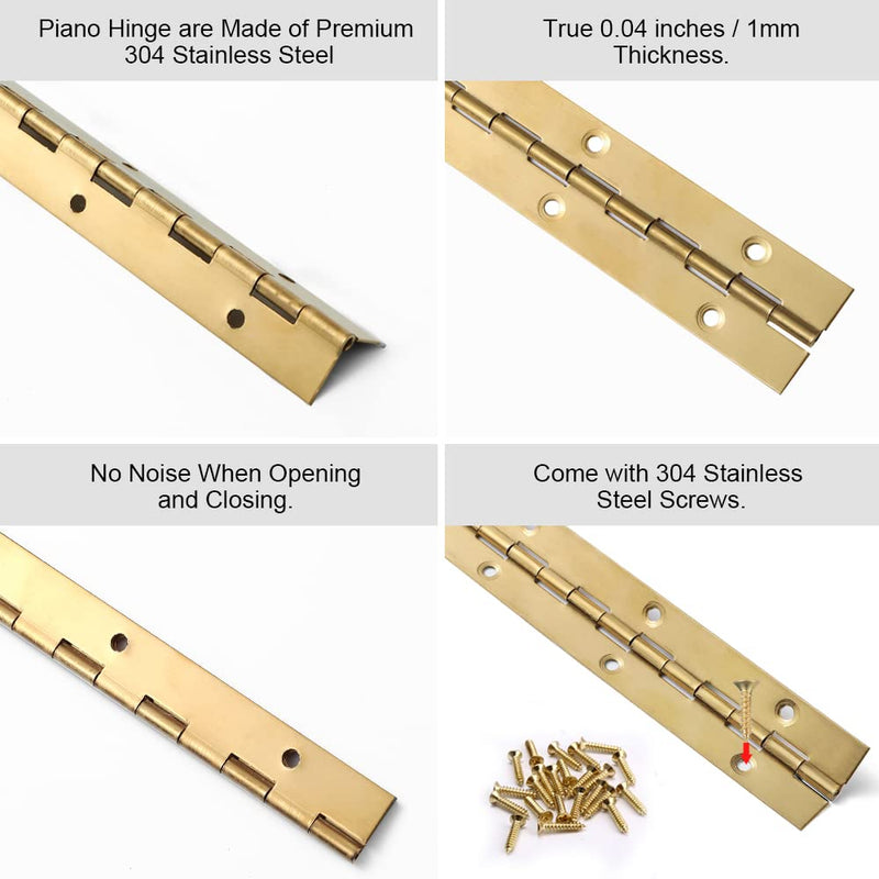 [Australia - AusPower] - 12 Inch Gold Stainless Steel Piano Hinges, 4 Pcs Continuous & Piano Hinge with Holes, Heavy Duty Piano Hinge 0.04" Leaf Thickness, 1.2'' Open Width for Furniture Cabinet Door Wooden Box Woodworking 12 Inch 
