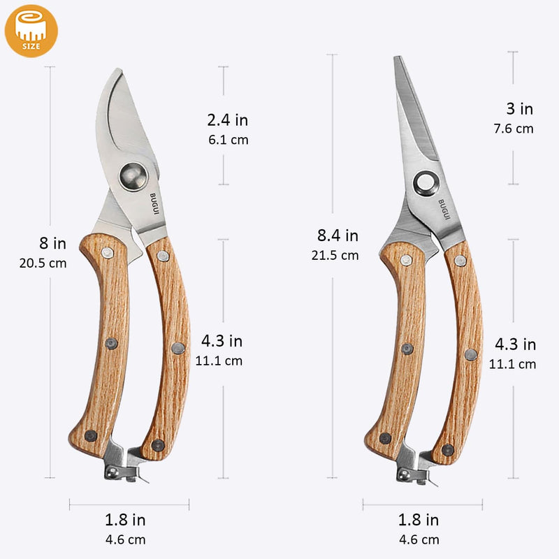 BUGUI 8” Wood Handle Garden Scissors, Set of 2, Includes Bypass Pruning Shears and Long Straight Tip Clippers, Premium Gardening Tools with Precision-Ground SK-5 Steel Blade 8"WoodHandleShearsSet(E023)