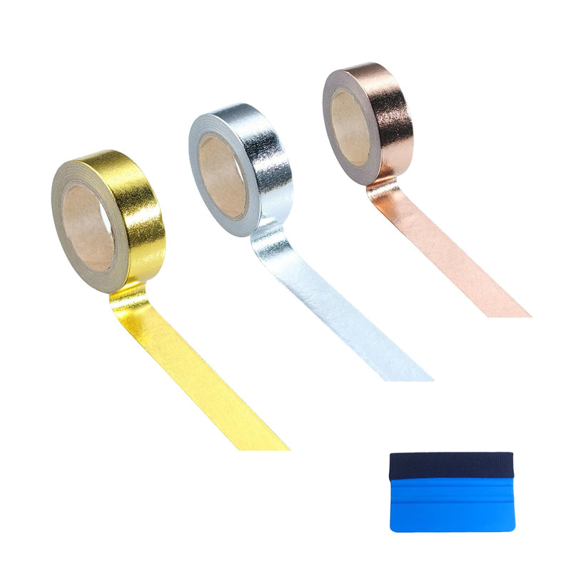 Gold, Silver & Rose Copper Washi Tape – 3pc Foil Decorative Tape Set with Bonus Squeegee for Wall Decor, Crafts, Mirror Edging & Gift Wrapping – Self-Adhesive Masking Tape Strips 0.59in x 33FT Each